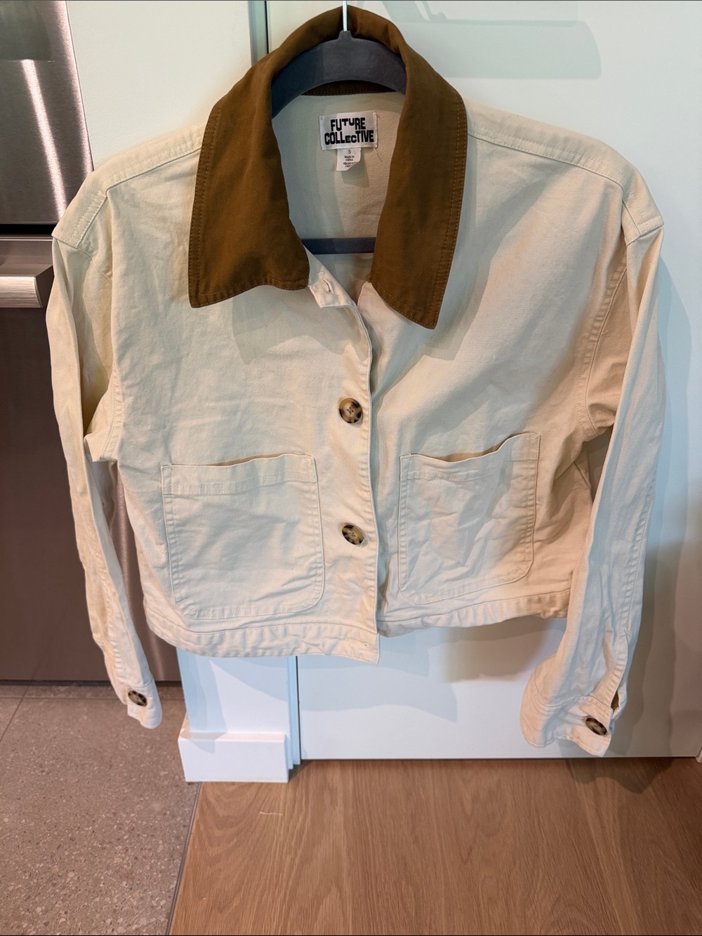 Future Collective Women’s Cream Cropped Barn Chore Jacket with Brown Collar